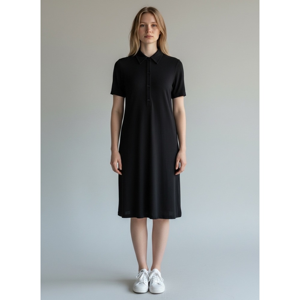 Episode Polo Dress Womens 8 Black Short Sleeve Viscose Collared Button Front